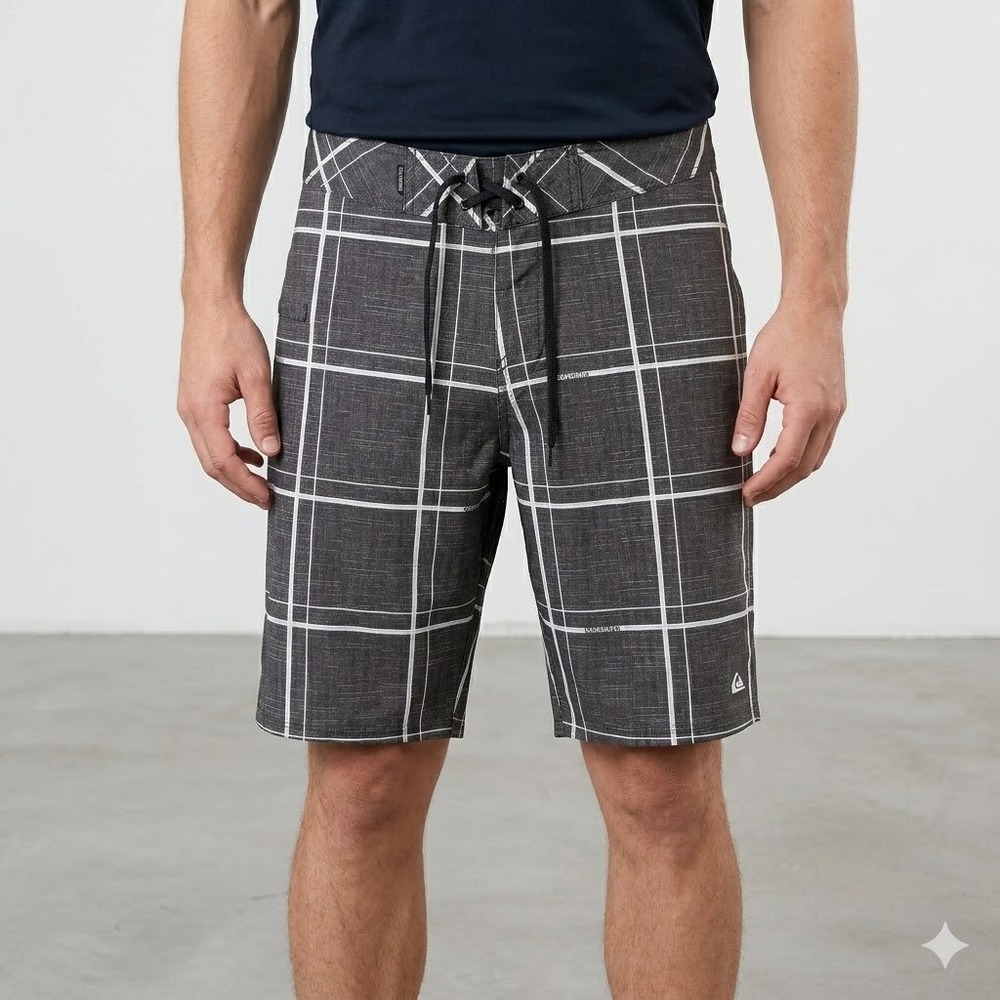 Quiksilver Men's Board Shorts Charcoal‎ Grey Grid Plaid Pattern 34 EUC